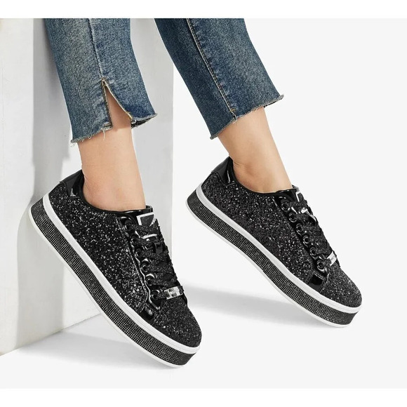 Women's Black Platform Glitter Sneakers | Sparkly Bling Shiny  Dressy - Picture 7 of 9